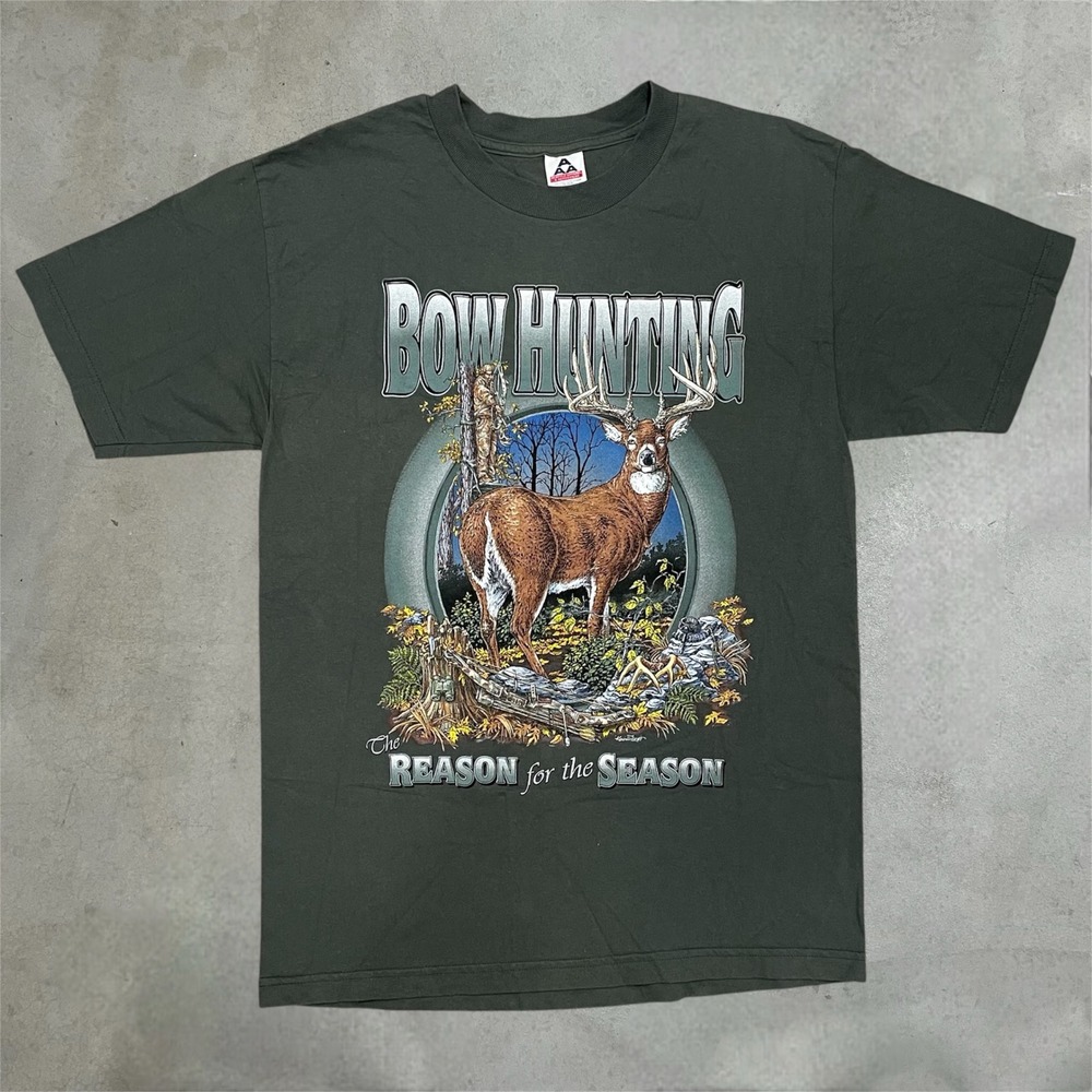Vintage '99 Bow Hunting Tee Mens Large Green Reason for the Season Graphic Shirt